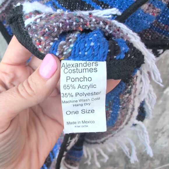 Mexican Baja Poncho Blue / White Adult One Size Hippie Festival Indie Earthy - Picture 6 of 7